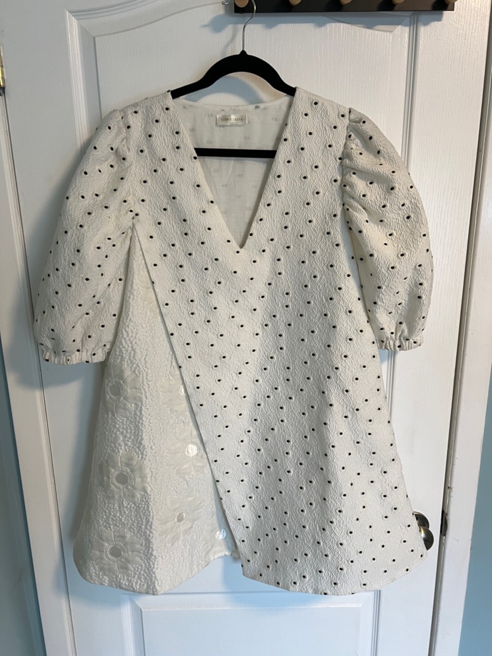 STINE GOYA White Mini Dress with Black Dot Embroidery